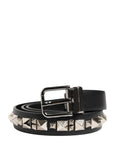 Black Leather Studded Silver Tone Buckle Belt