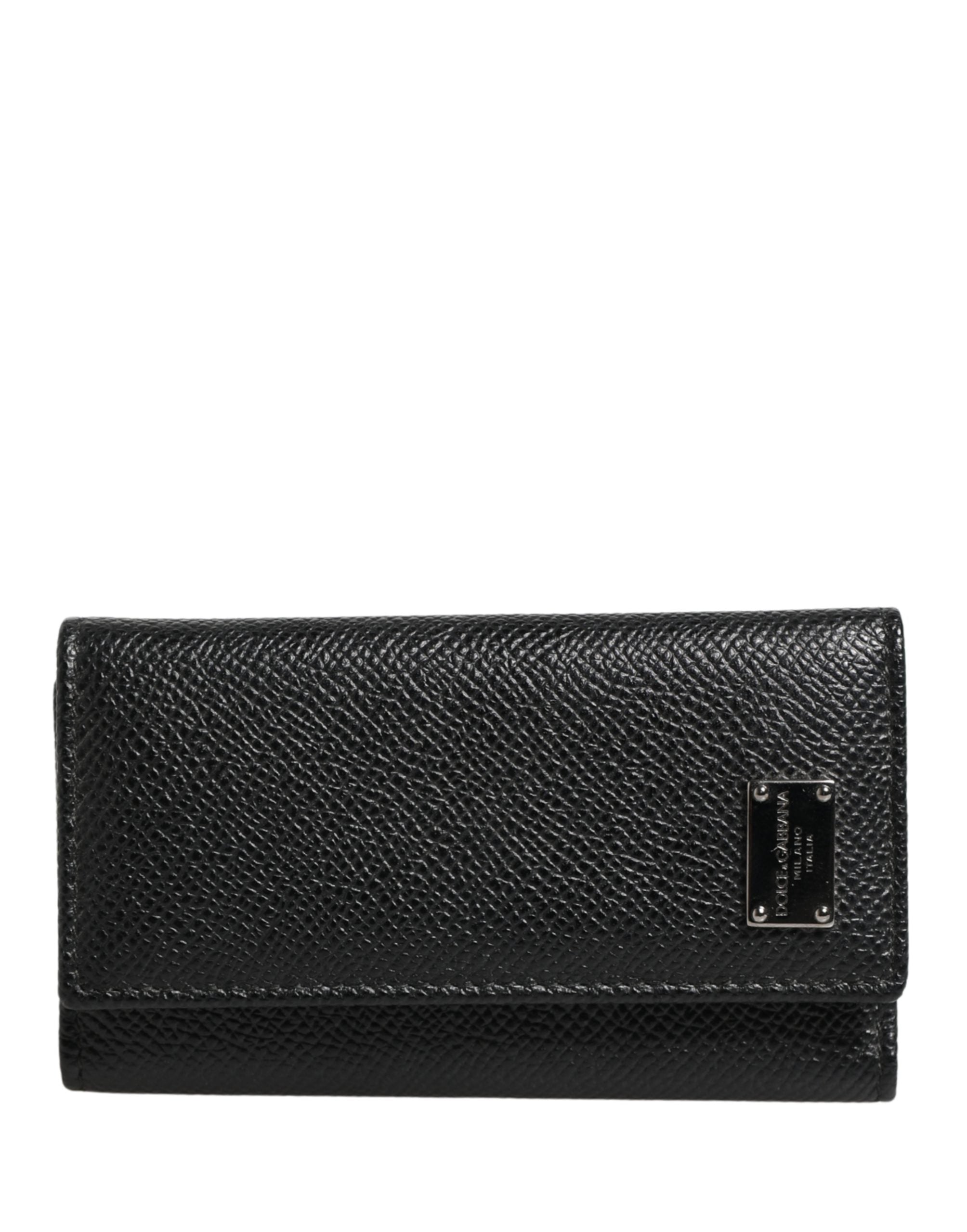 Black Leather Silver Metal Logo Plaque Trifold Keyring