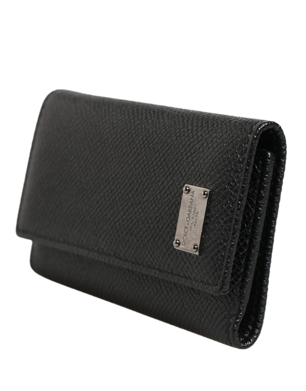 Black Leather Silver Metal Logo Plaque Trifold Keyring