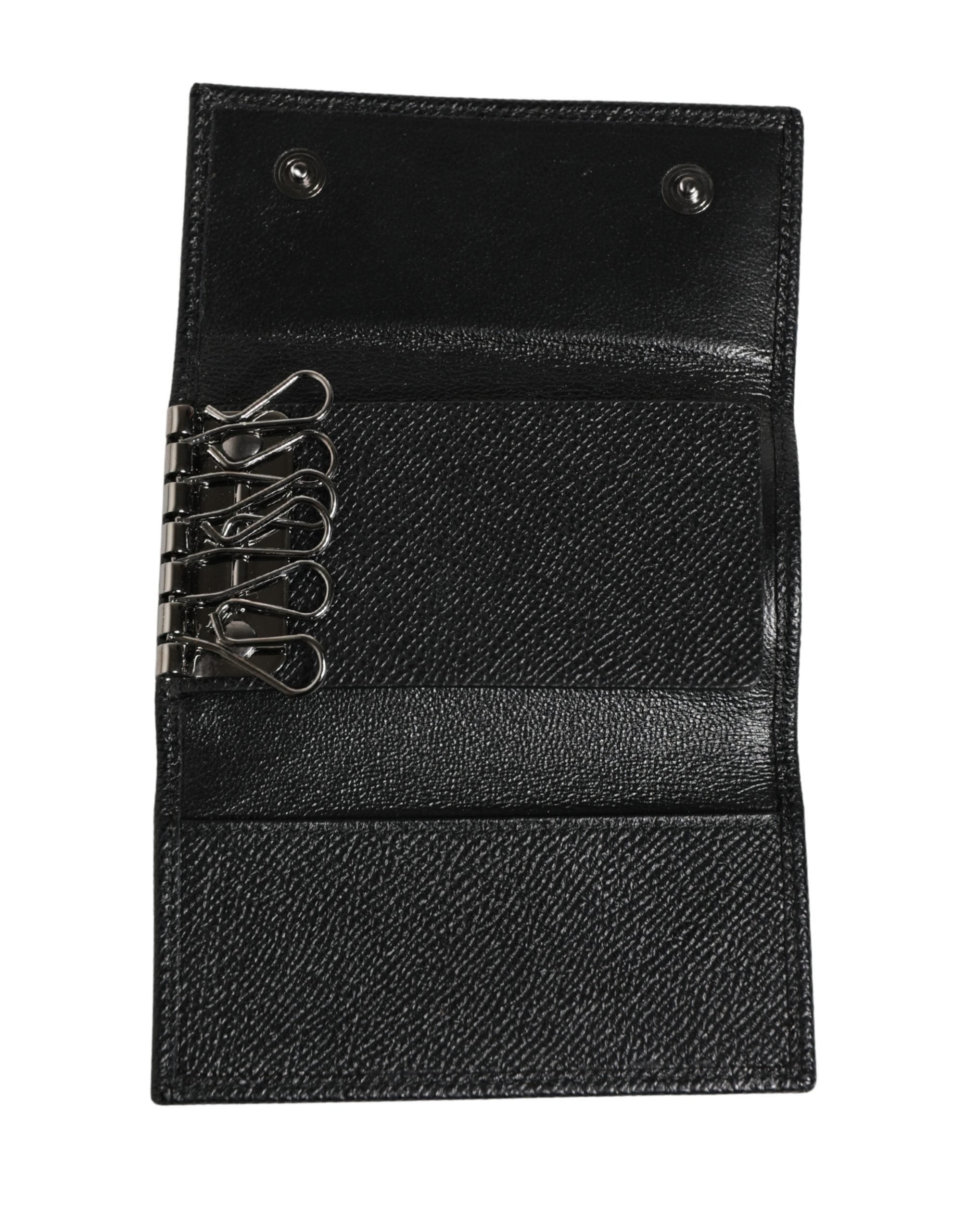 Black Leather Silver Metal Logo Plaque Trifold Keyring
