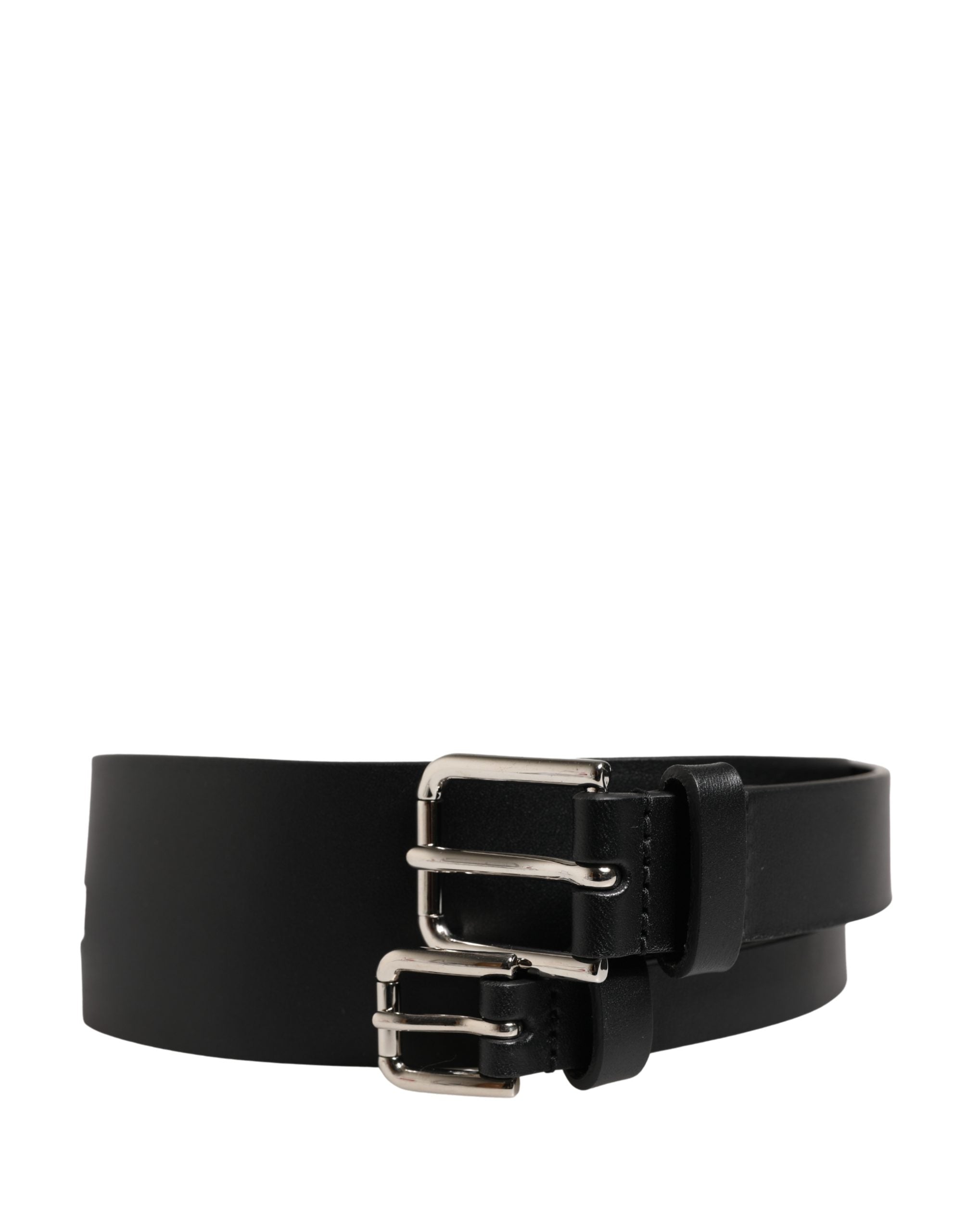 Black Double Strap Leather Silver Buckle Belt