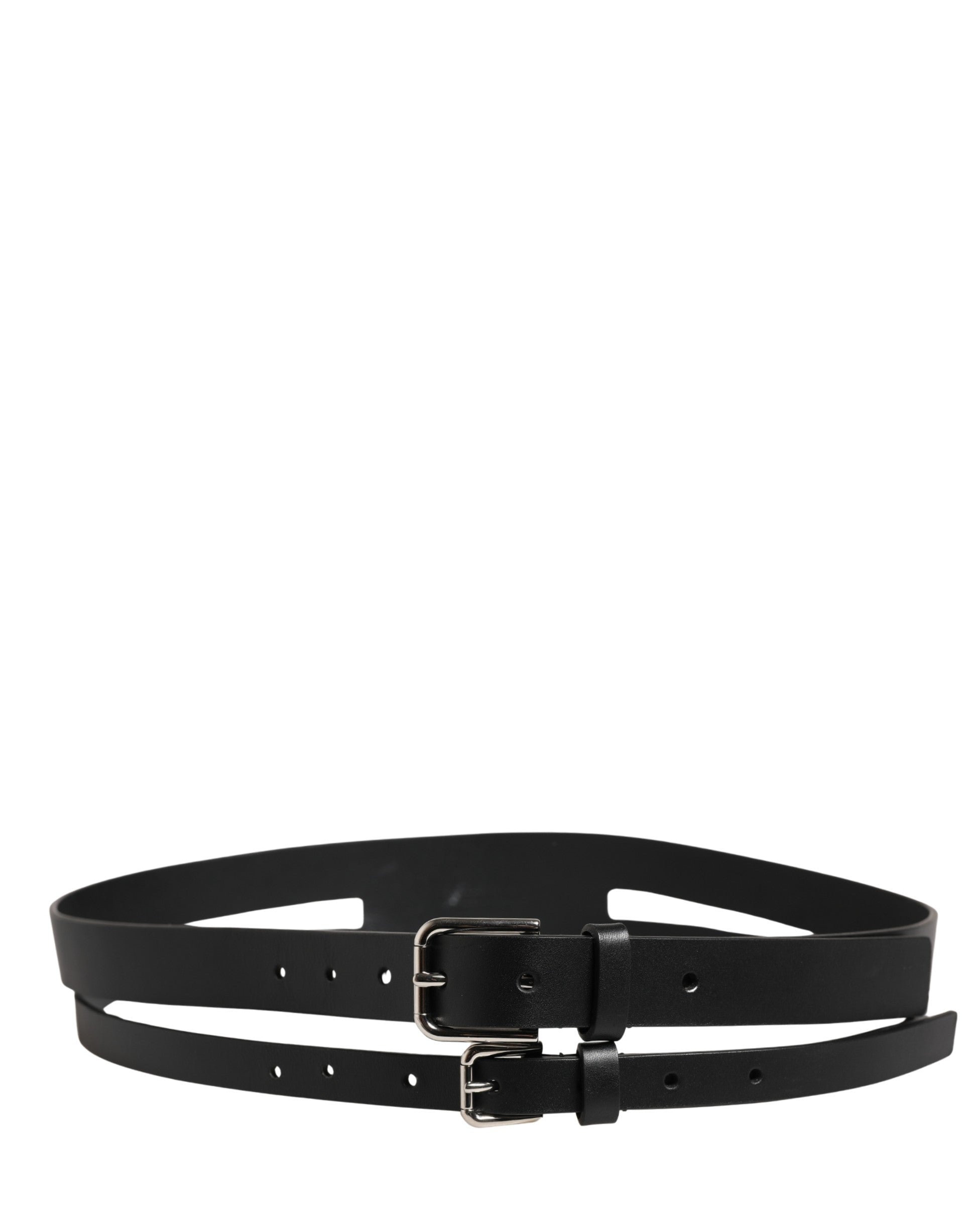 Black Double Strap Leather Silver Buckle Belt