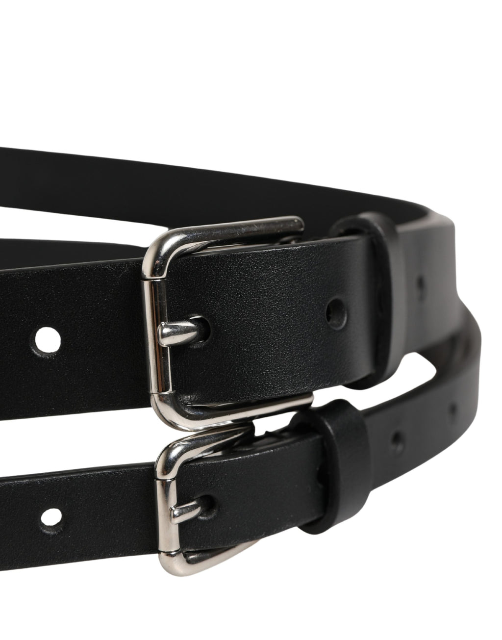 Black Double Strap Leather Silver Buckle Belt