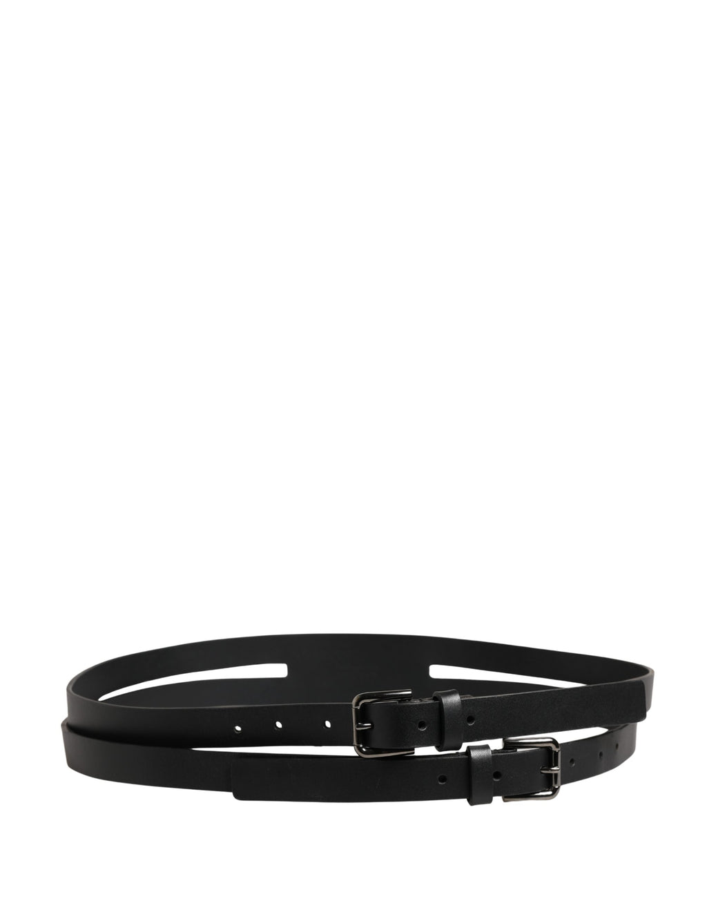 Black Double Strap Leather Silver Buckle Belt
