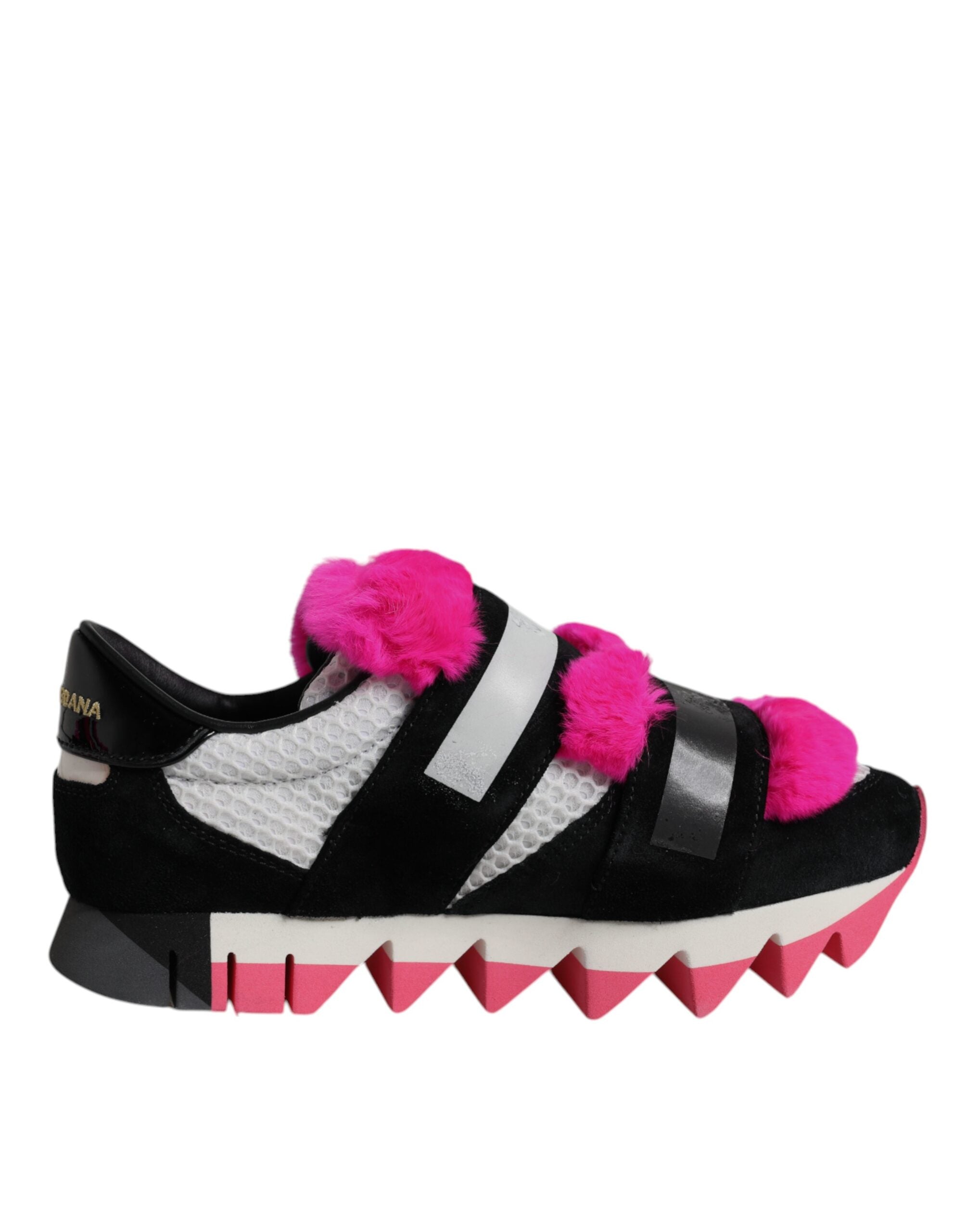 Black Pink Fur Embellished Sneakers Shoes
