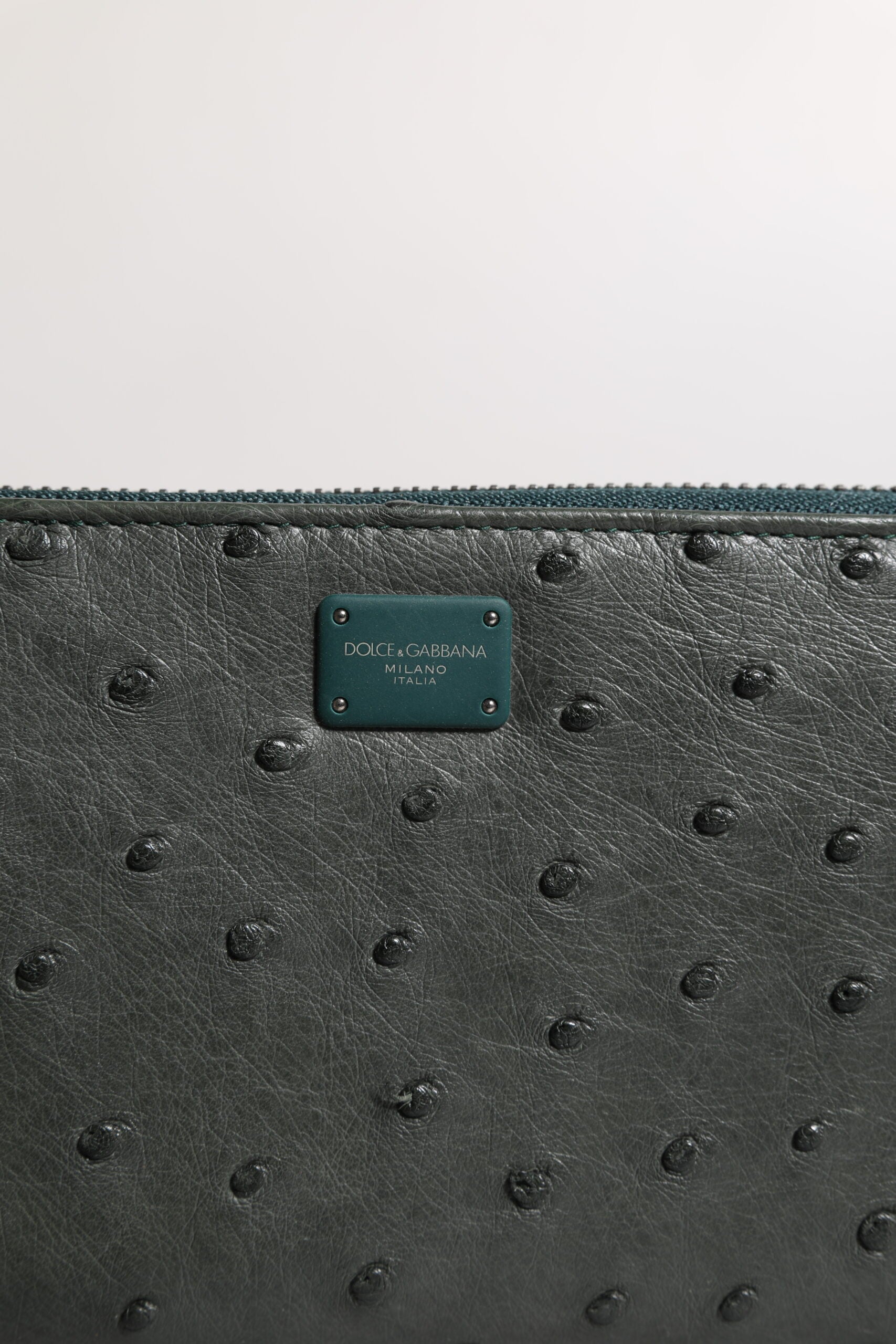 Green Ostrich Logo Plaque Zip Around Continental Wallet