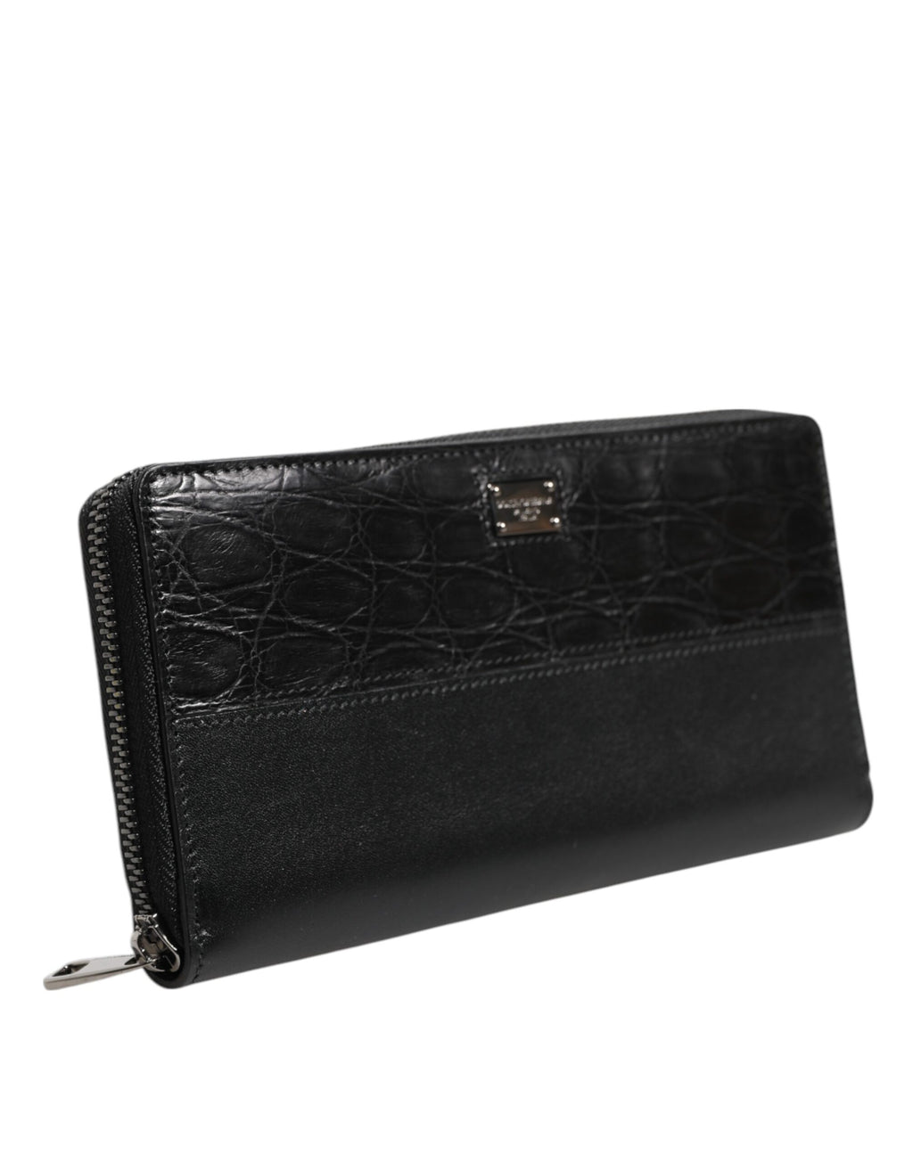 Black Leather Logo Plaque Zip Around Continental Wallet