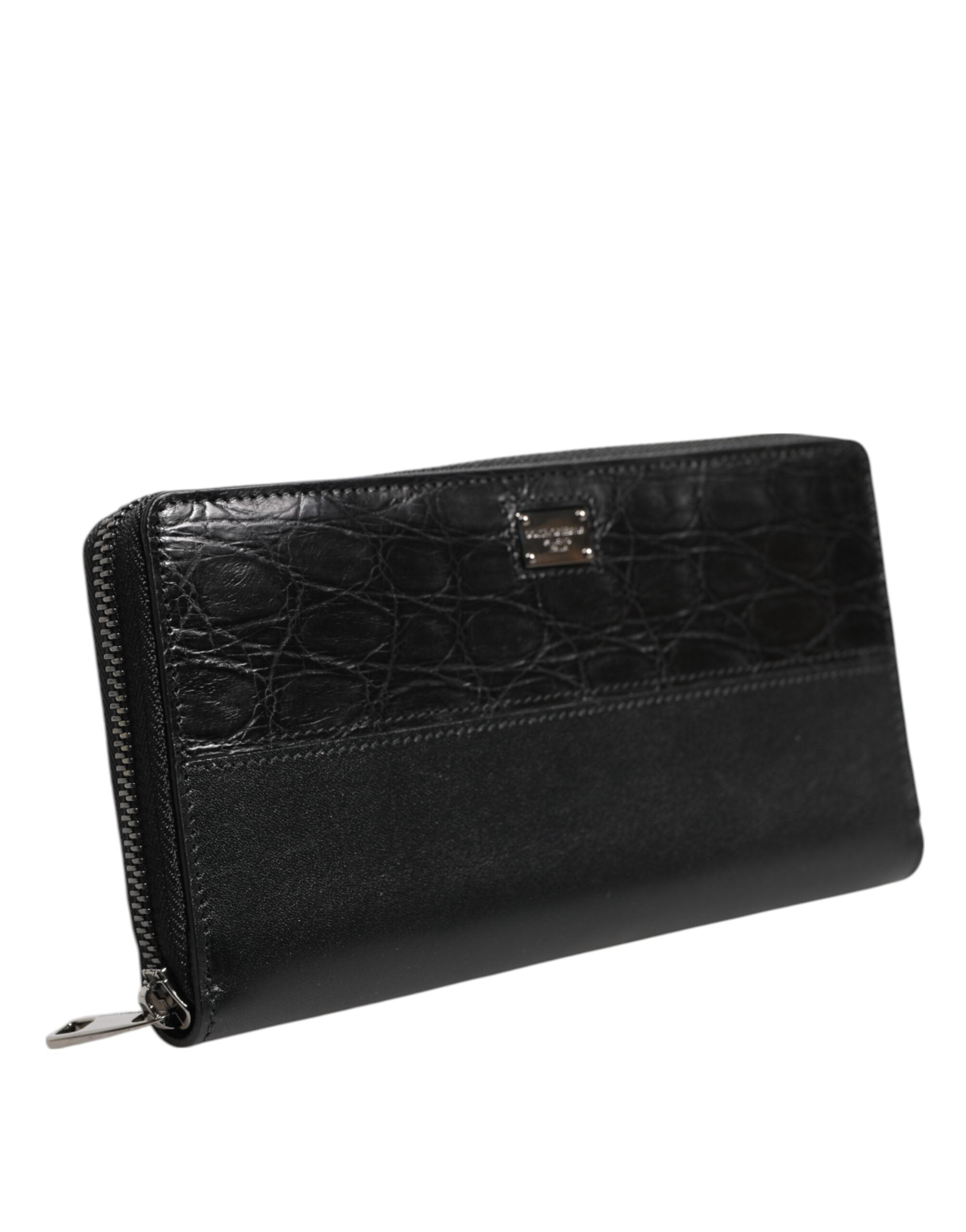 Black Leather Logo Plaque Zip Around Continental Wallet