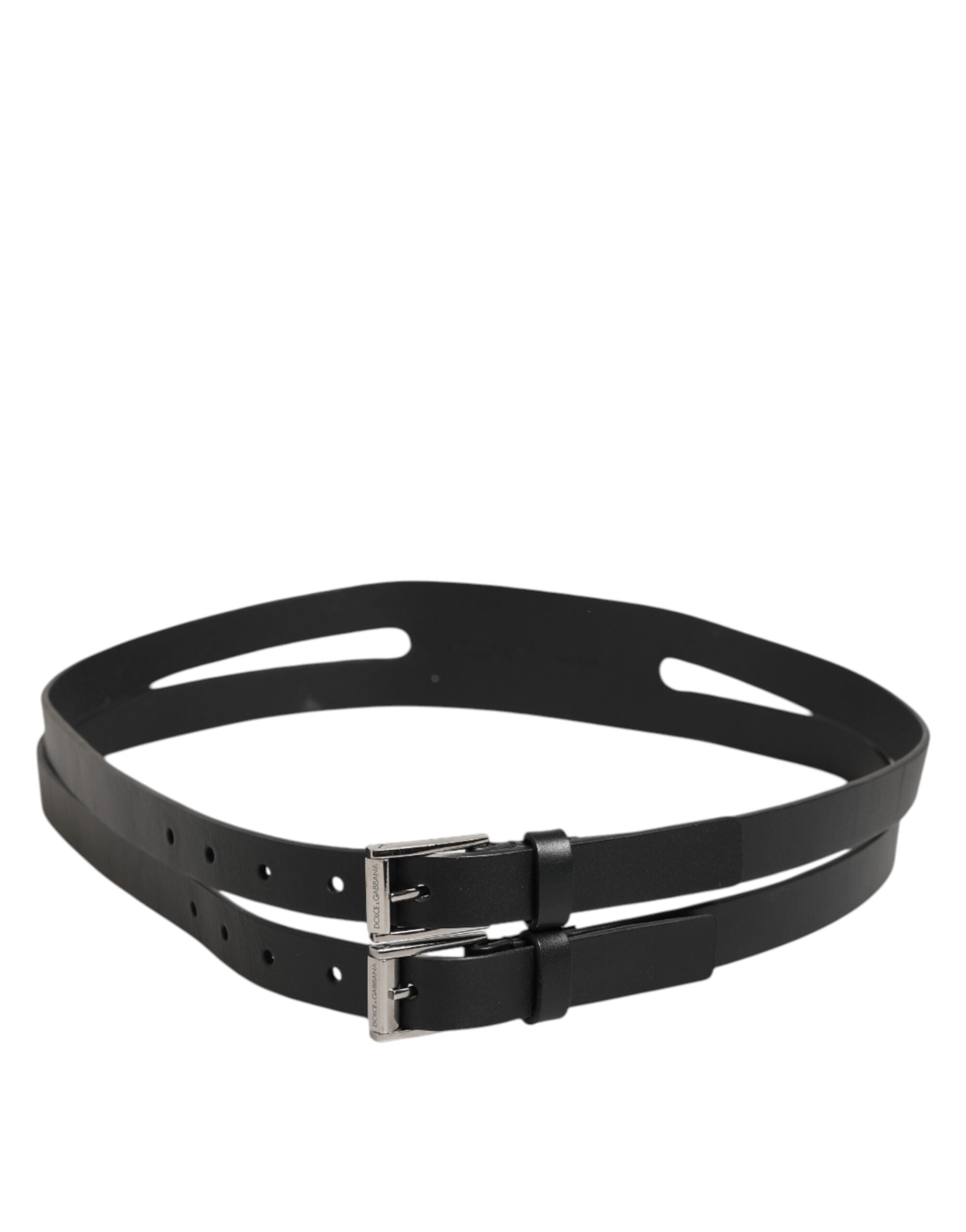 Black Double Strap Leather Silver Buckle Belt