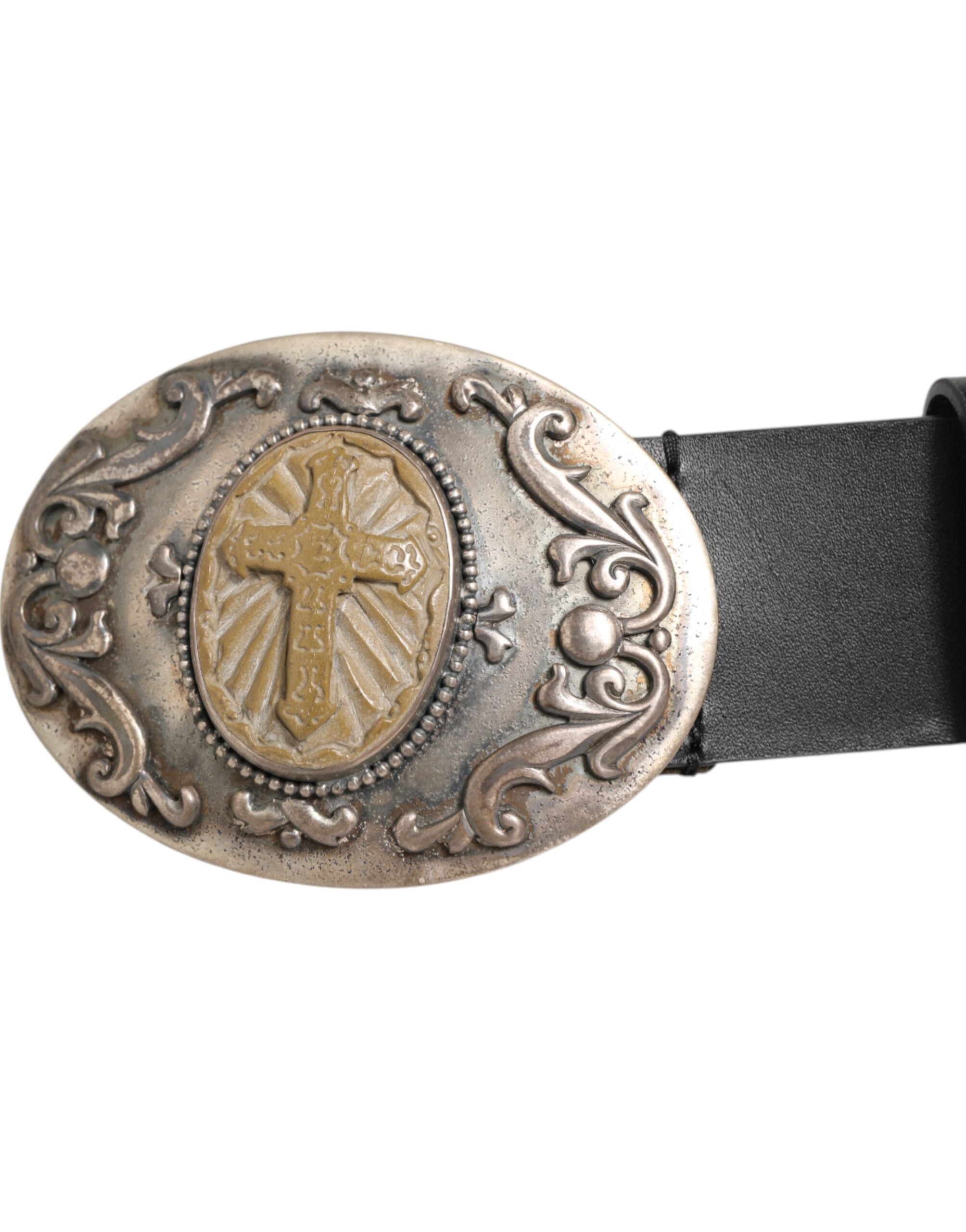 Black Leather Ornate Metal Buckle Men Belt